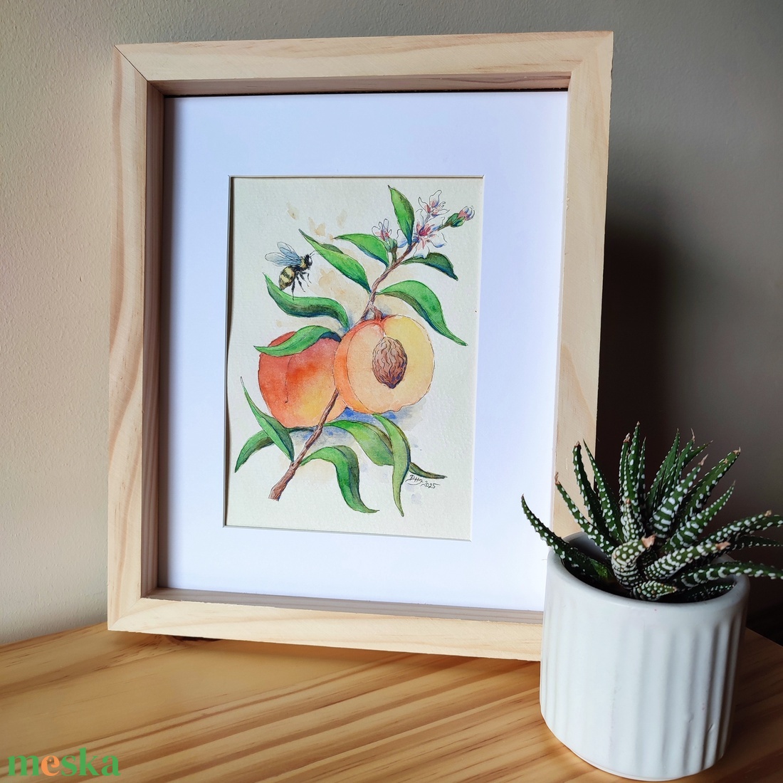 Barack és méhecske - akvarell illusztráció papíron - művészet - festmény - akvarell - Meska.hu