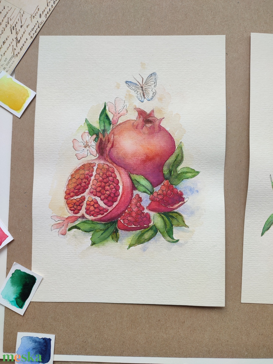 Gránátalma és pillangó - akvarell illusztráció papíron - művészet - festmény - akvarell - Meska.hu