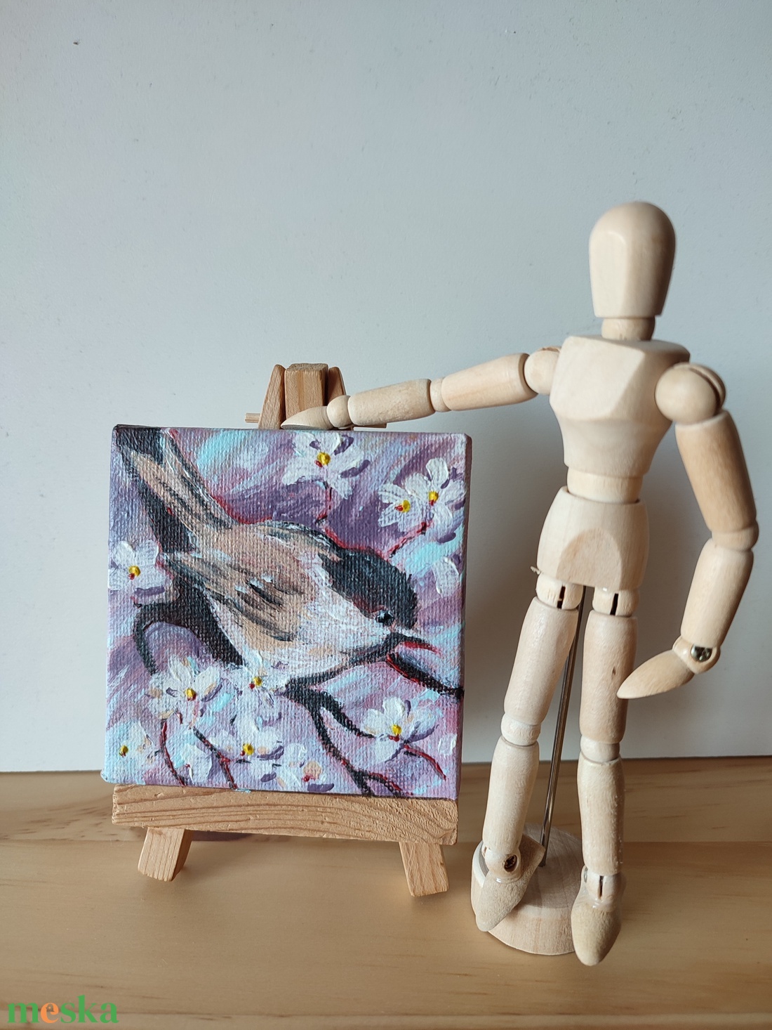 Barátcinege virágzó faágon - Mini akril festmény feszített vásznon - művészet - festmény - akril - Meska.hu