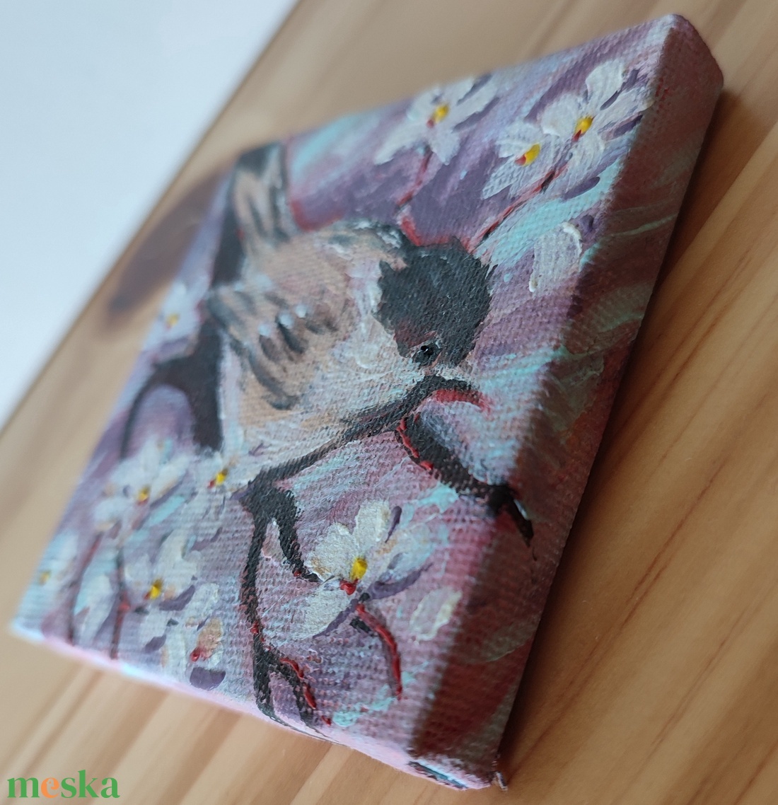 Barátcinege virágzó faágon - Mini akril festmény feszített vásznon - művészet - festmény - akril - Meska.hu