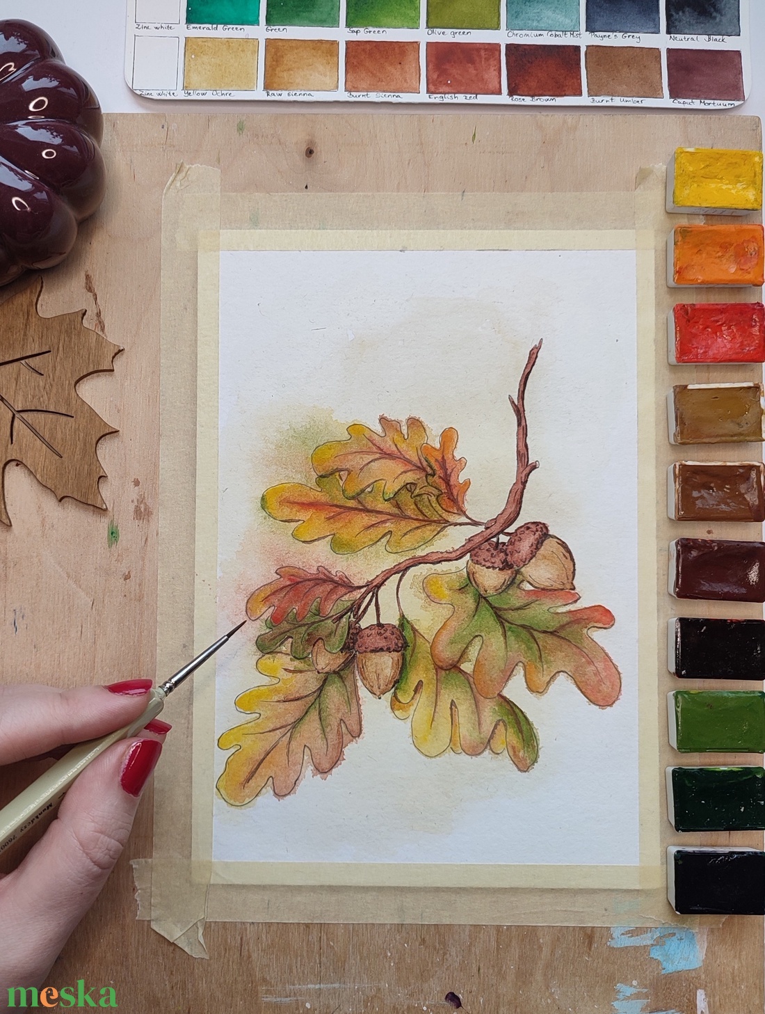 Őszi tölgyfa ág - akvarell festmény papíron - művészet - festmény - akvarell - Meska.hu