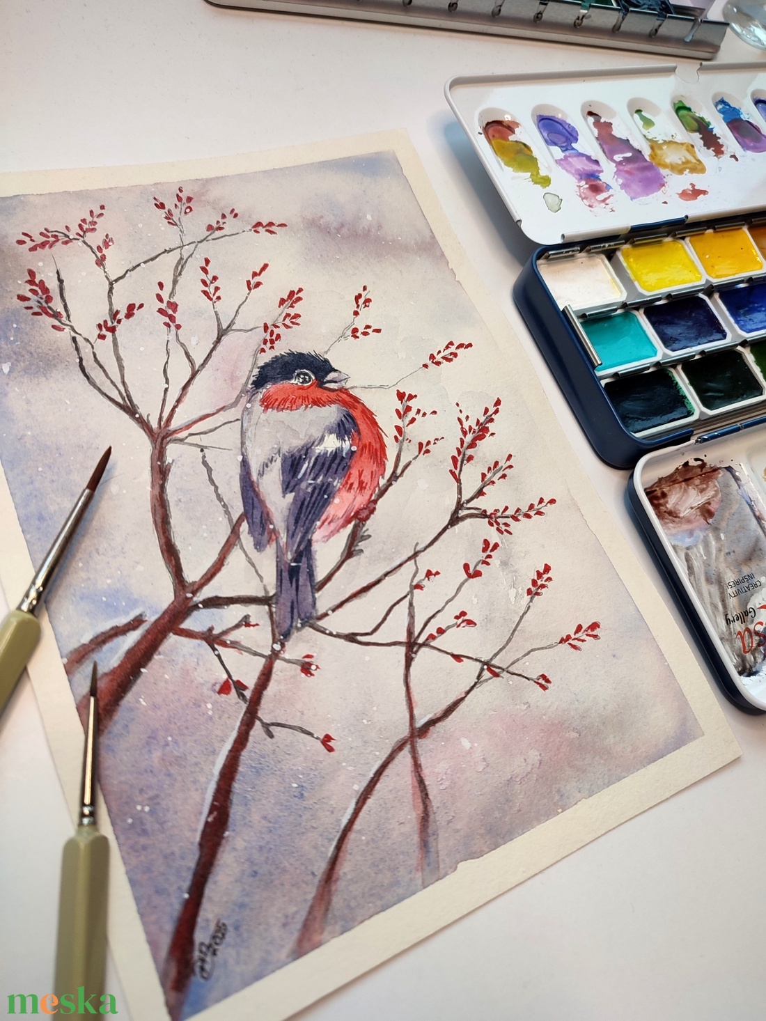 Süvöltő téli ágon - akvarell festmény papíron - művészet - festmény - akvarell - Meska.hu