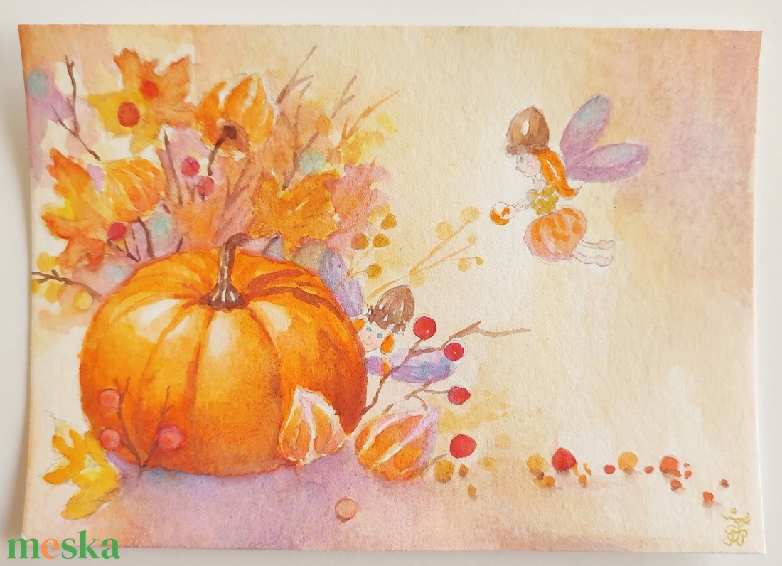 Eredeti akvarell őszi mesés, tündéres képeslap festmény - művészet - festmény - akvarell - Meska.hu