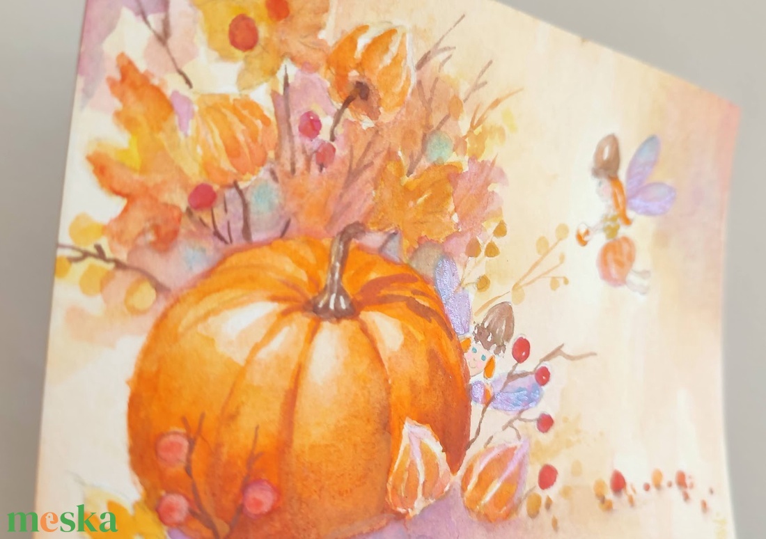 Eredeti akvarell őszi mesés, tündéres képeslap festmény - művészet - festmény - akvarell - Meska.hu