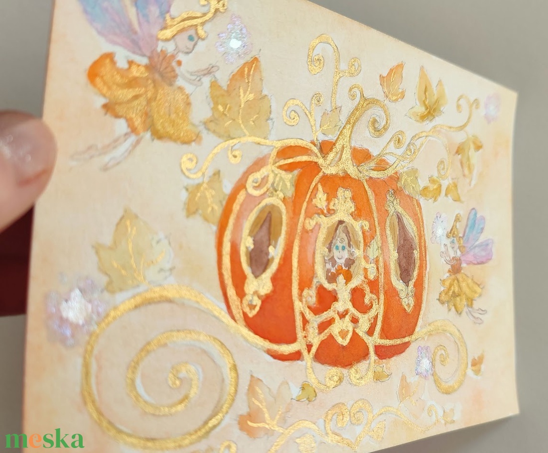 Eredeti akvarell őszi tökhintós-tündéres képeslap festmény - művészet - festmény - akvarell - Meska.hu