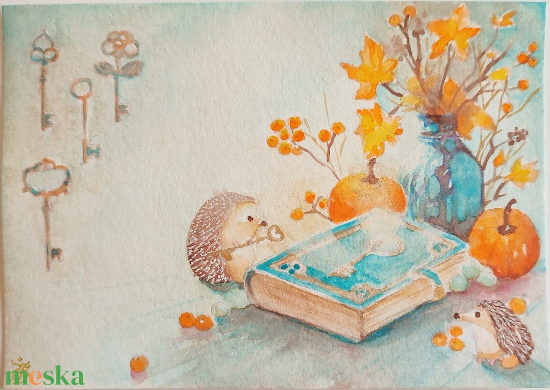 Eredeti akvarell őszi sünis-varázskönyves képeslap festmény - művészet - festmény - akvarell - Meska.hu