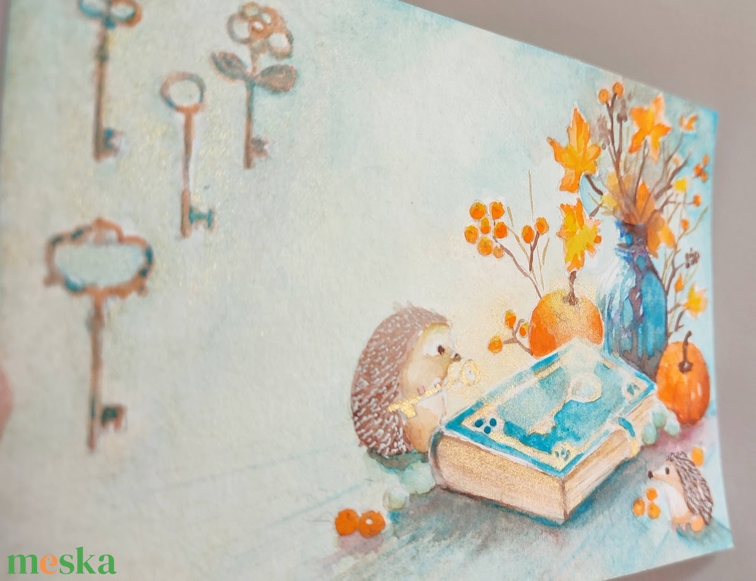 Eredeti akvarell őszi sünis-varázskönyves képeslap festmény - művészet - festmény - akvarell - Meska.hu