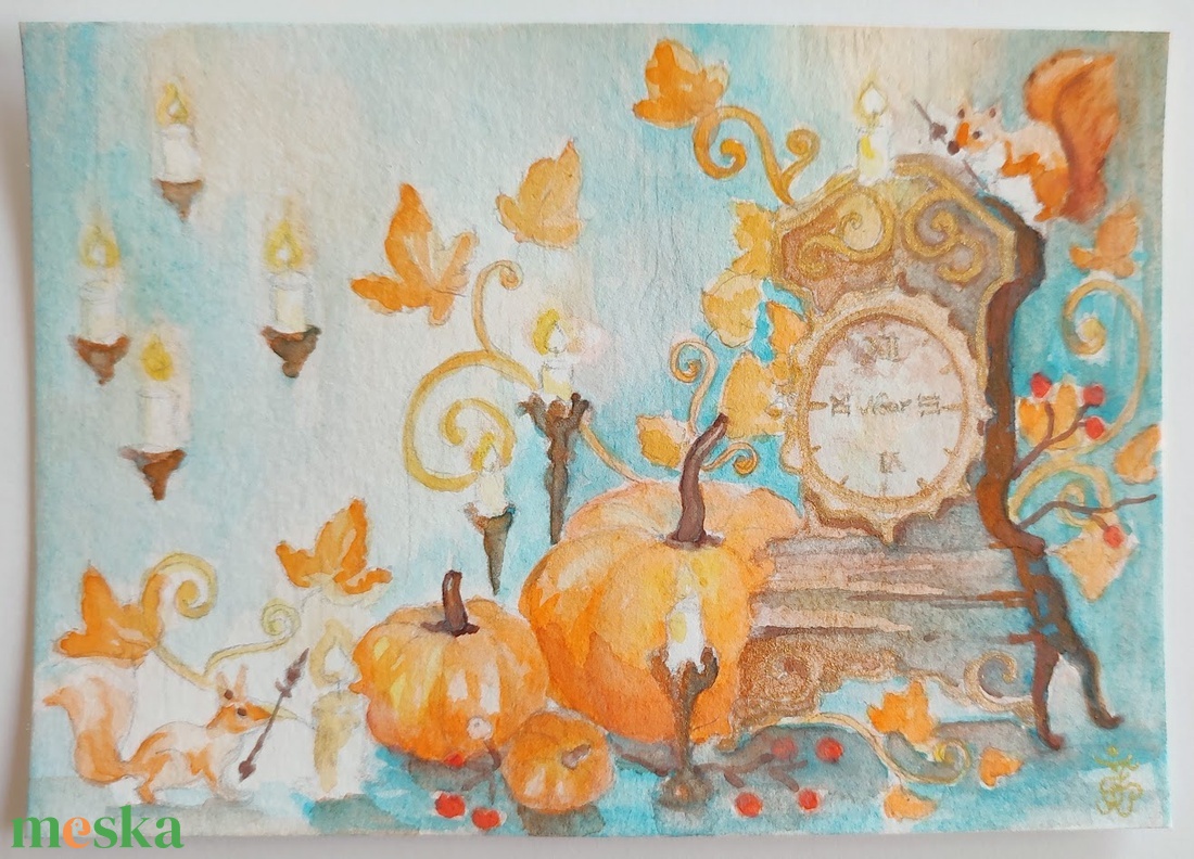 Eredeti akvarell őszi antik órás festmény képeslap - művészet - festmény - akvarell - Meska.hu