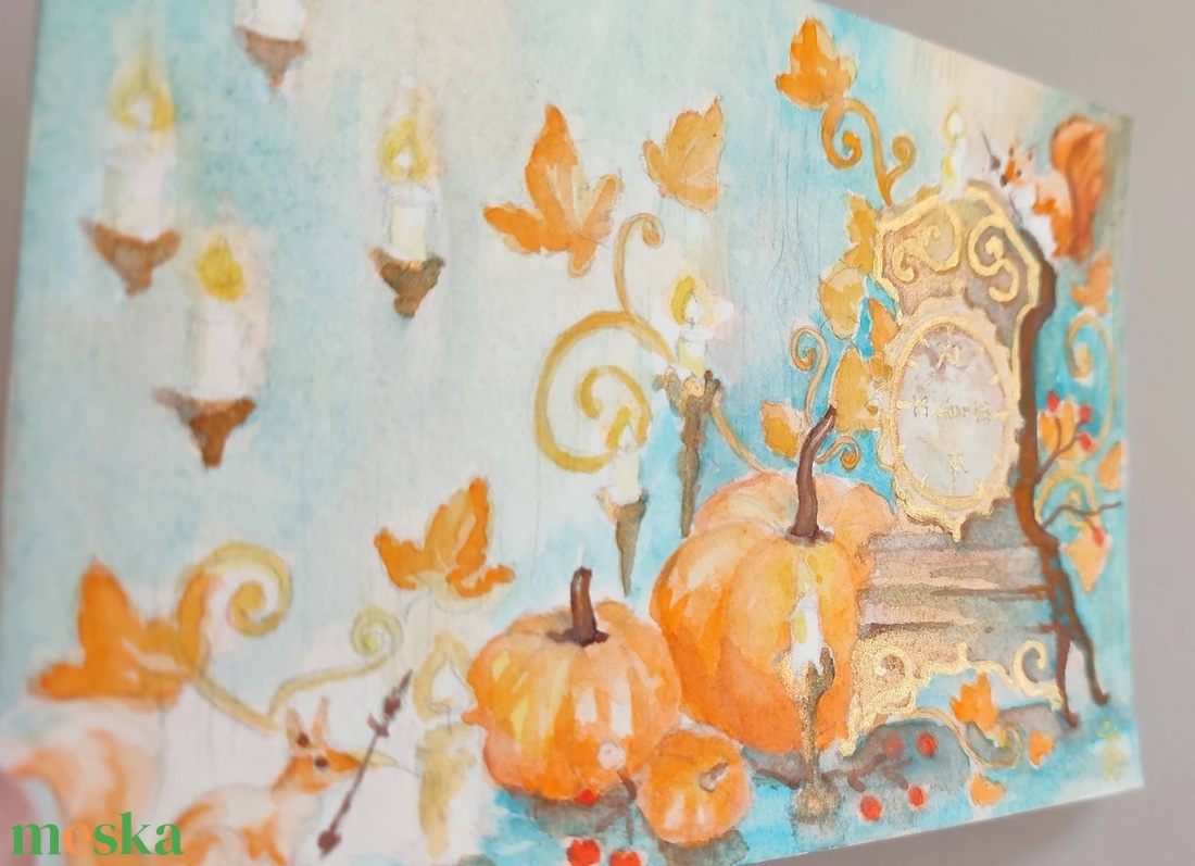 Eredeti akvarell őszi antik órás festmény képeslap - művészet - festmény - akvarell - Meska.hu