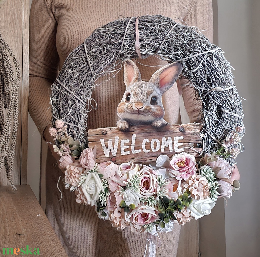 Nagyméretű nyuszis kopogtató  - ünnepi díszek, dekorációk - húsvéti díszek és dekorációk - húsvéti ajtódísz, kopogtató - Meska.hu