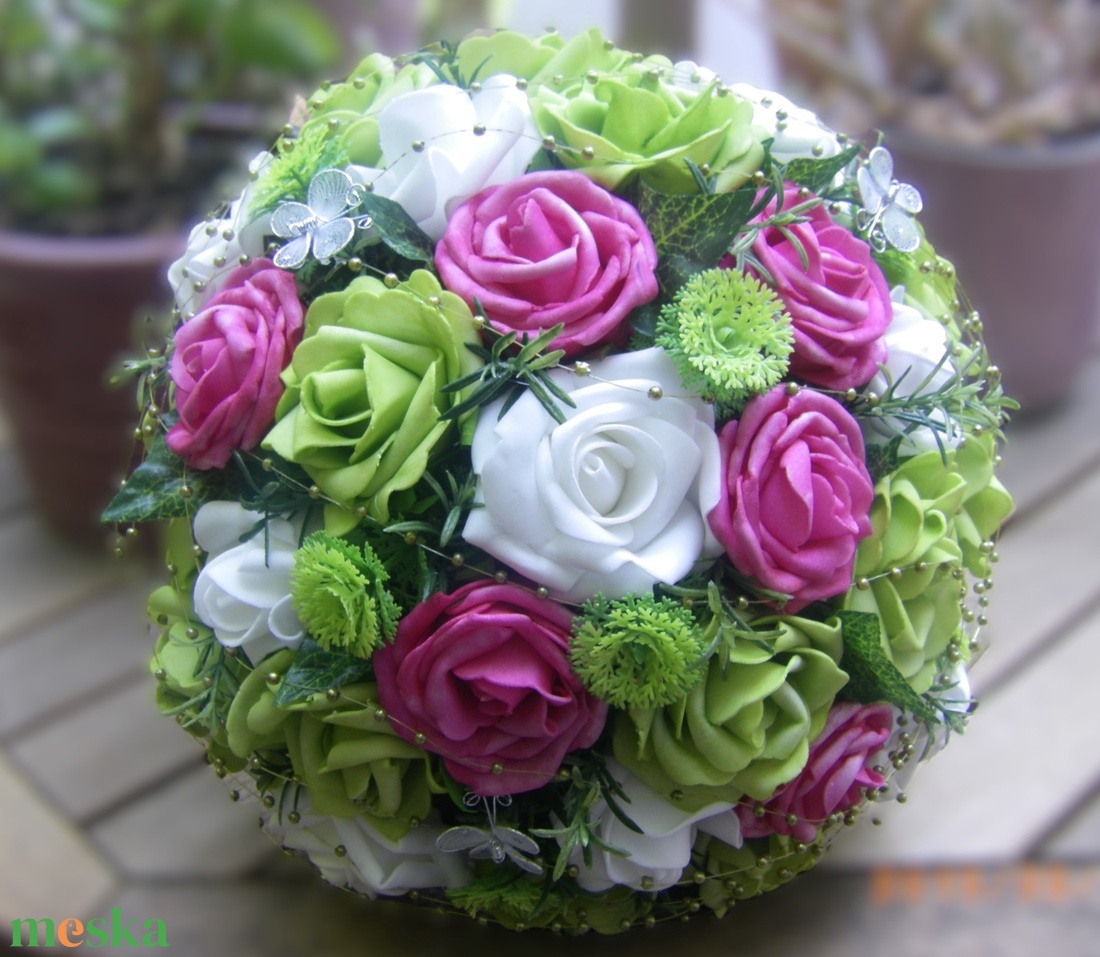 Menyasszonyi csokor zöld pink fehér  - esküvő - menyasszonyi- és dobócsokor - Meska.hu