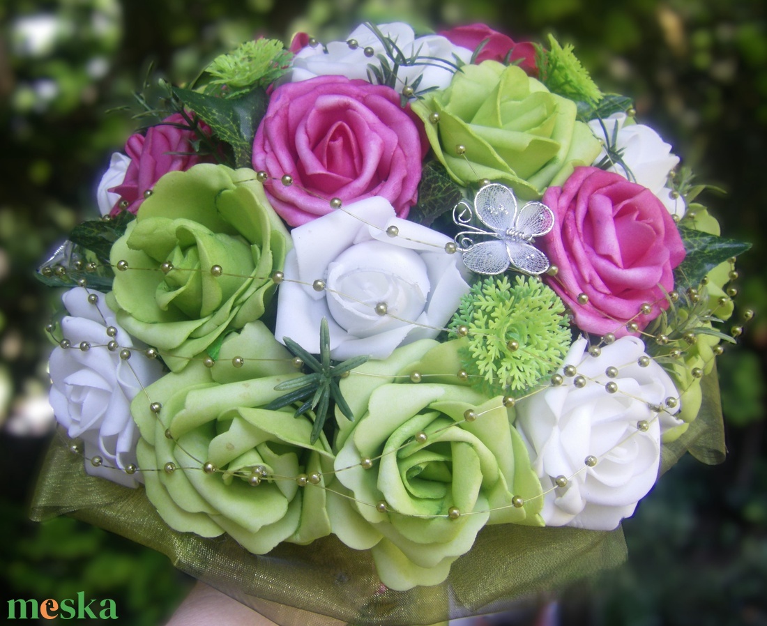 Menyasszonyi csokor zöld pink fehér  - esküvő - menyasszonyi- és dobócsokor - Meska.hu
