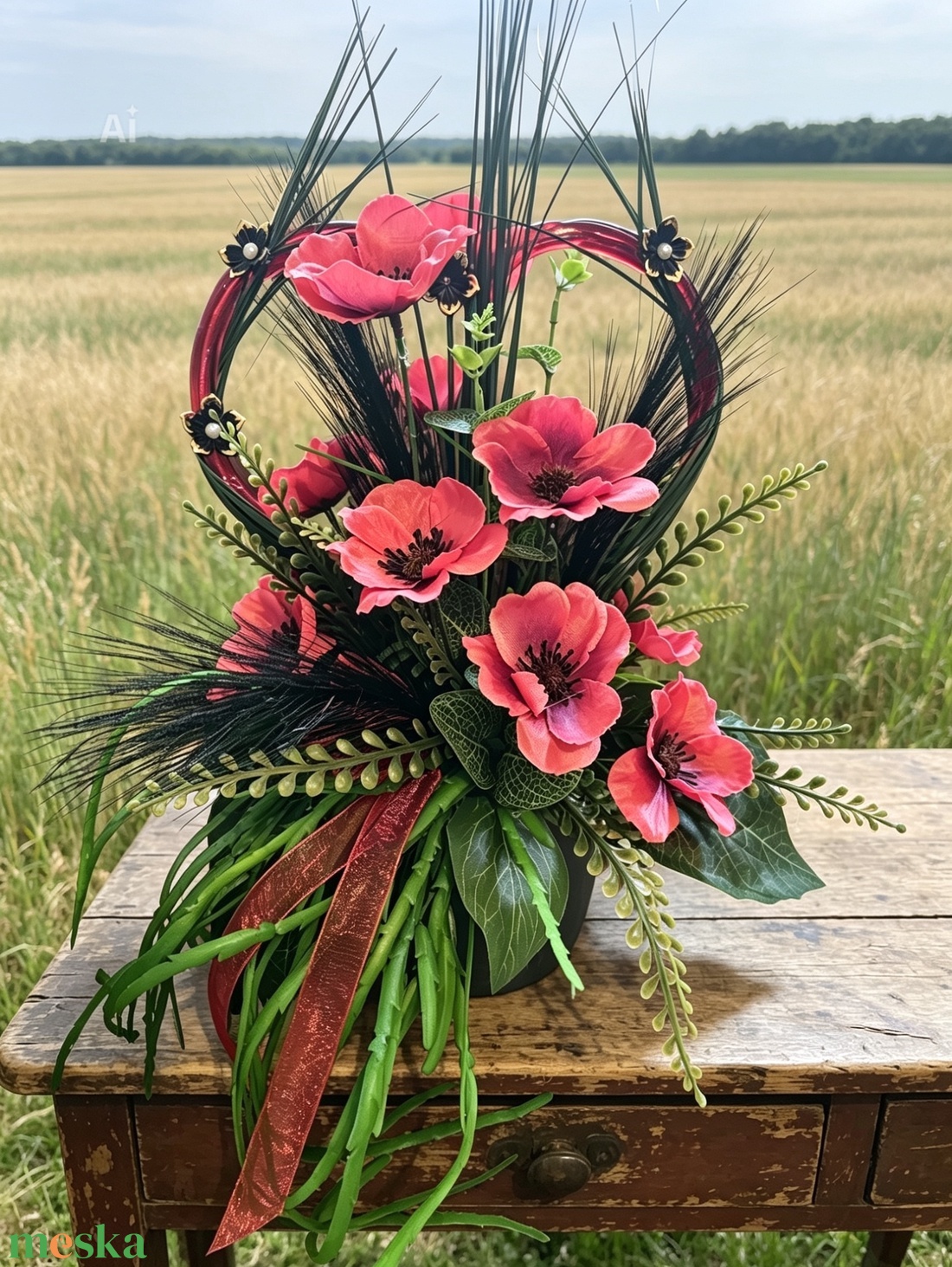 Pipacsos asztaldísz vagy sírdísz szívvel  - otthon & életmód - dekoráció - asztal és polc dekoráció - asztaldísz - Meska.hu