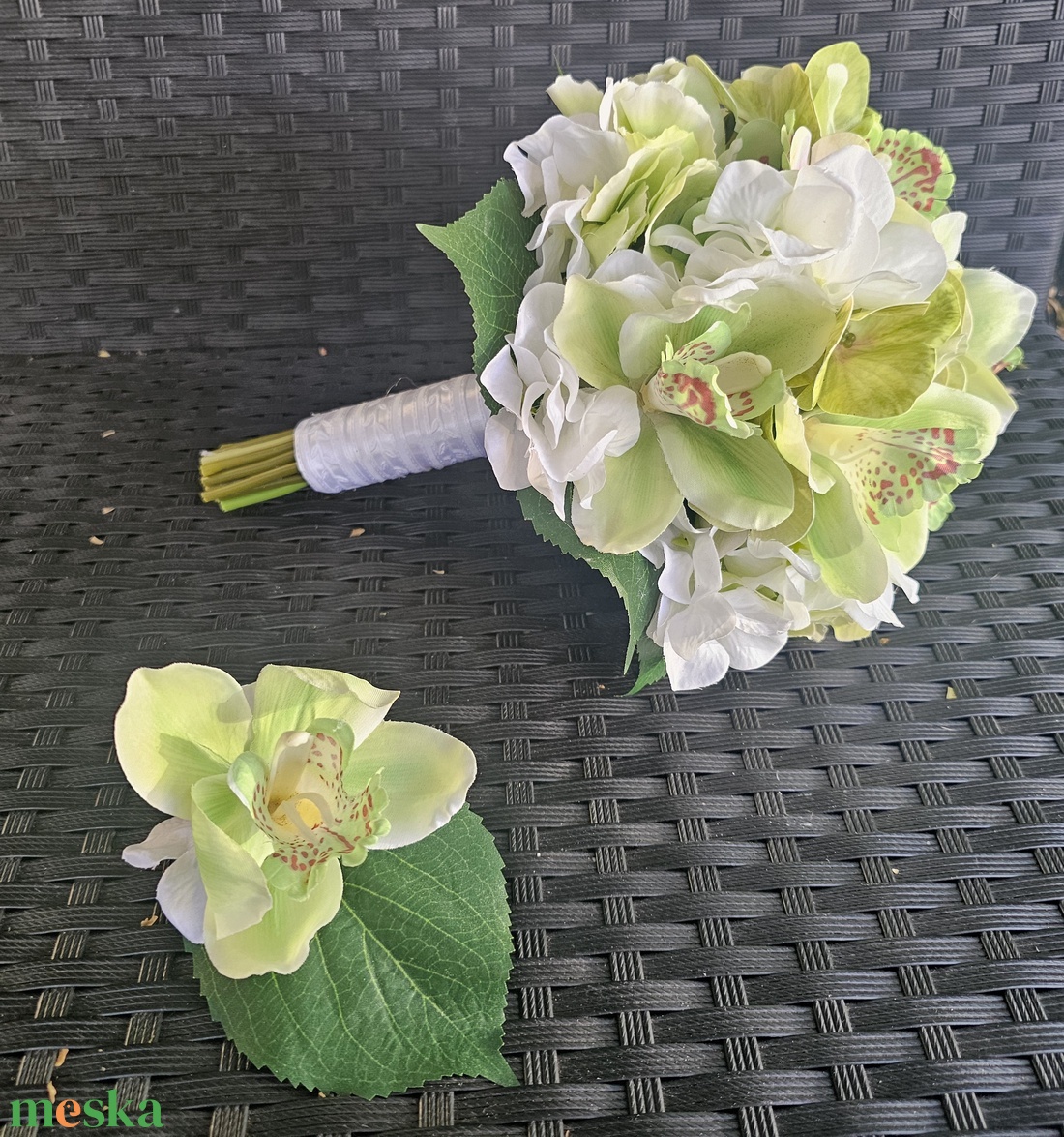 Menyasszonyi csokor zöld fehér orchidea hortenzia  - esküvő - menyasszonyi- és dobócsokor - Meska.hu
