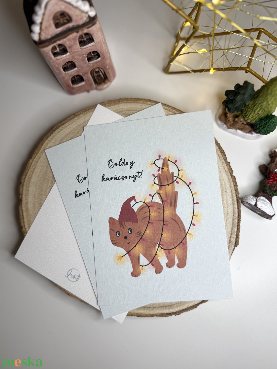 Ünnepi cicus - képeslap  - karácsony - karácsonyi ajándékozás - karácsonyi képeslap, üdvözlőlap, ajándékkísérő - Meska.hu