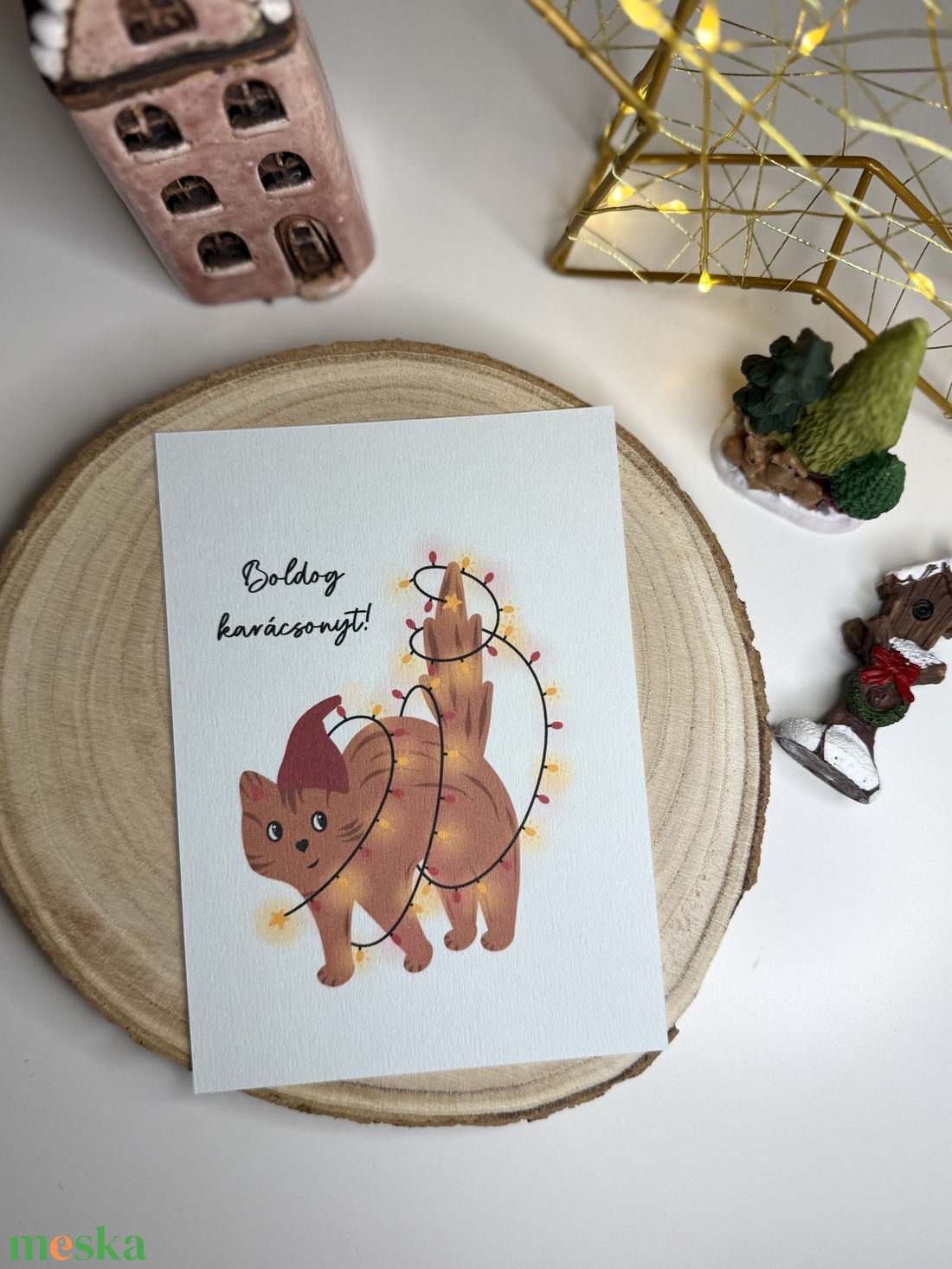 Ünnepi cicus - képeslap  - karácsony - karácsonyi ajándékozás - karácsonyi képeslap, üdvözlőlap, ajándékkísérő - Meska.hu
