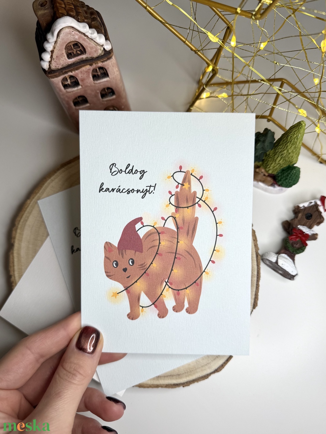 Ünnepi cicus - képeslap  - karácsony - karácsonyi ajándékozás - karácsonyi képeslap, üdvözlőlap, ajándékkísérő - Meska.hu
