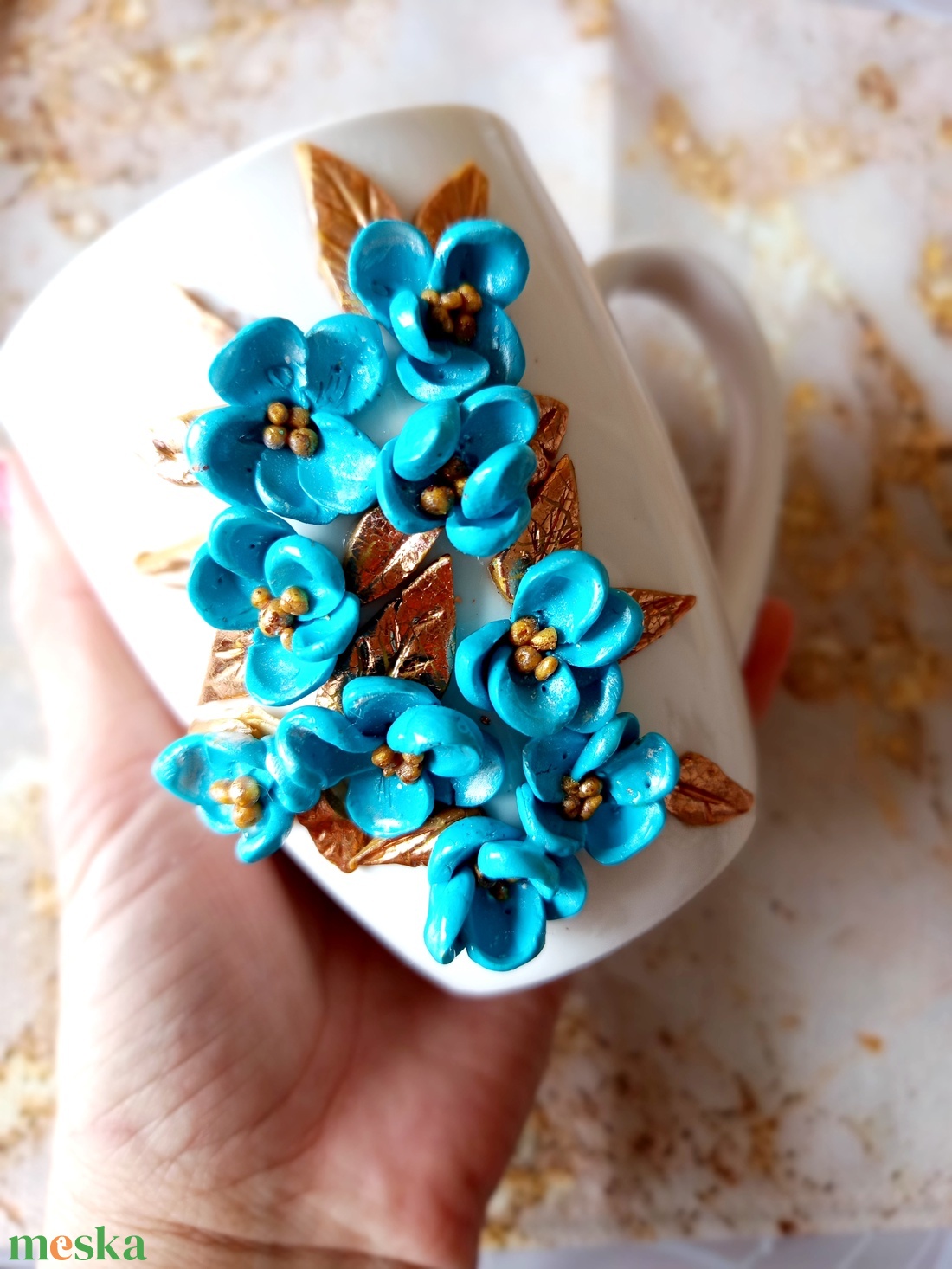 Türkiz, Arany Csoda virág csésze - otthon & életmód - konyhafelszerelés, tálalás - tálalás - bögre & csésze - Meska.hu