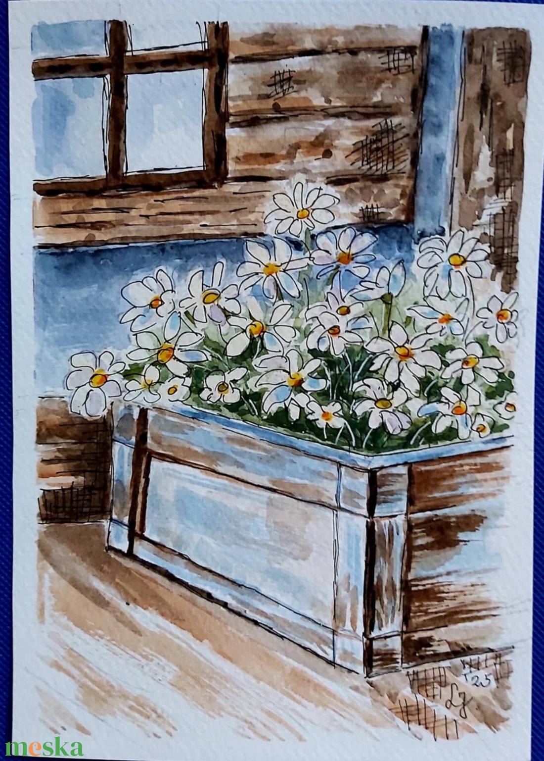 Margaréták faládában  - művészet - festmény - akvarell - Meska.hu