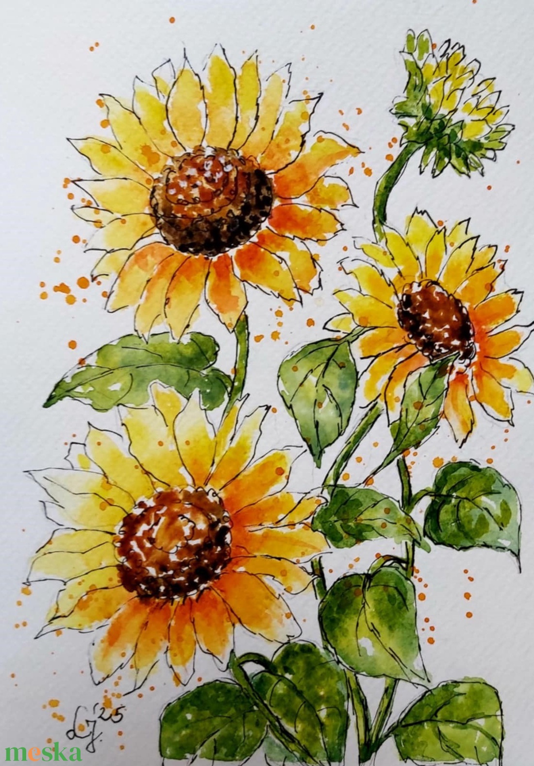 Napraforgók  akvarell  - művészet - festmény - akvarell - Meska.hu