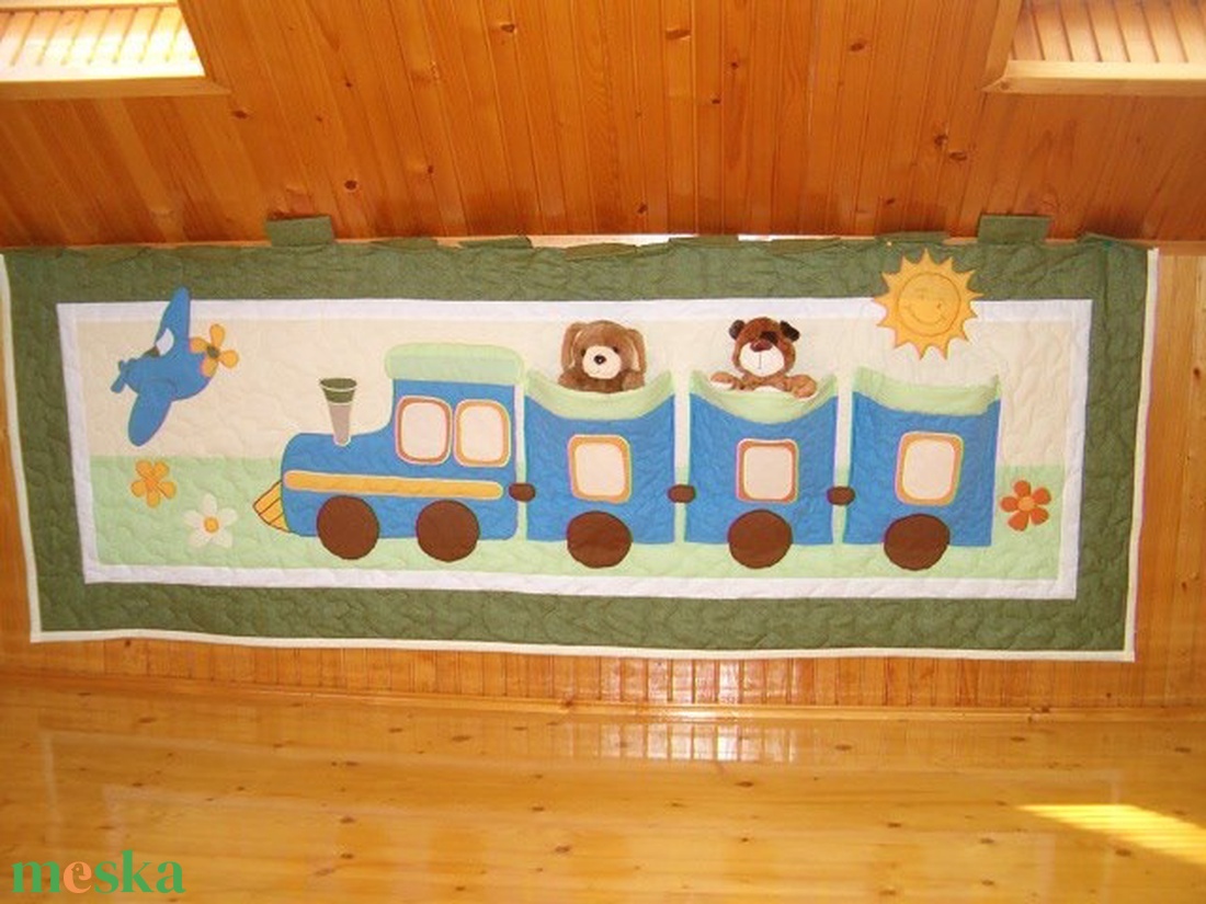 Zsebes falvédő gyerekszobába, vonatos, fiúknak, kék, zöld, tájfalvédő - baba - mama - babaszoba dekoráció - falvédő gyerekszobába - Meska.hu