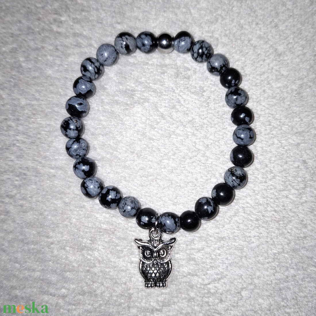 Bagoly medálos hópehely obszidián ásványkarkötő - ékszer - karkötő - ásványkarkötő - Meska.hu