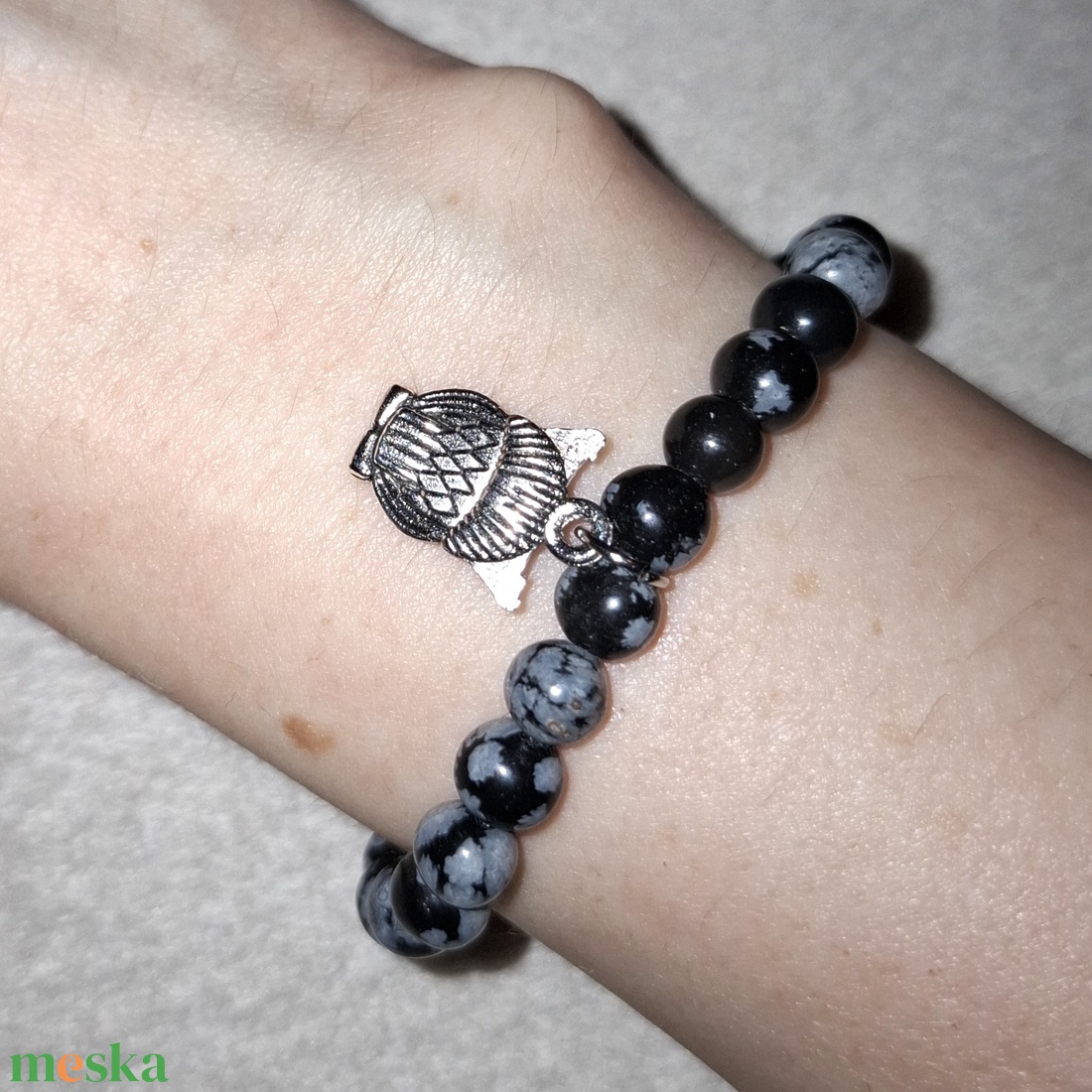 Bagoly medálos hópehely obszidián ásványkarkötő - ékszer - karkötő - ásványkarkötő - Meska.hu