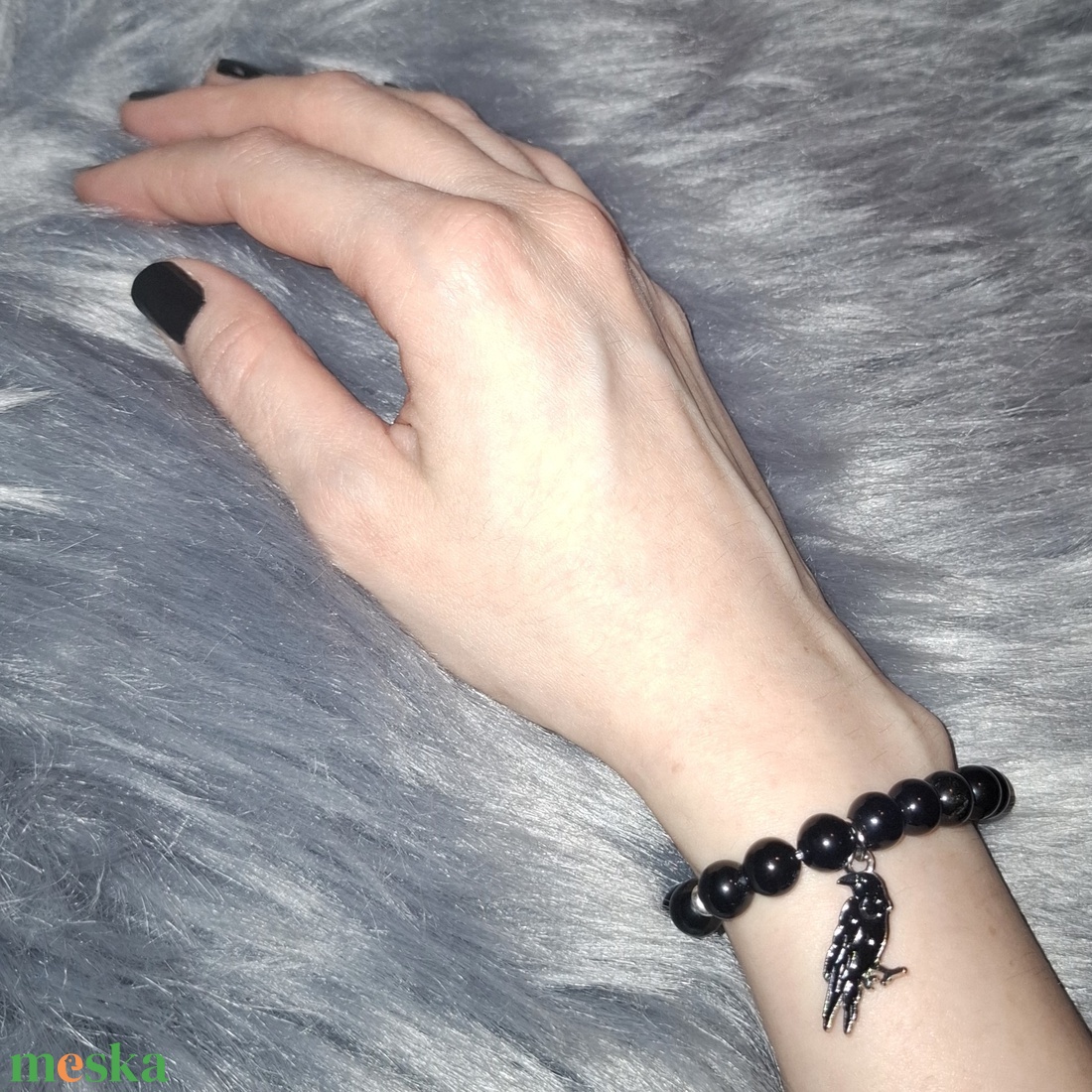 Holló medálos obszidián ásványkarkötő - ékszer - karkötő - ásványkarkötő - Meska.hu