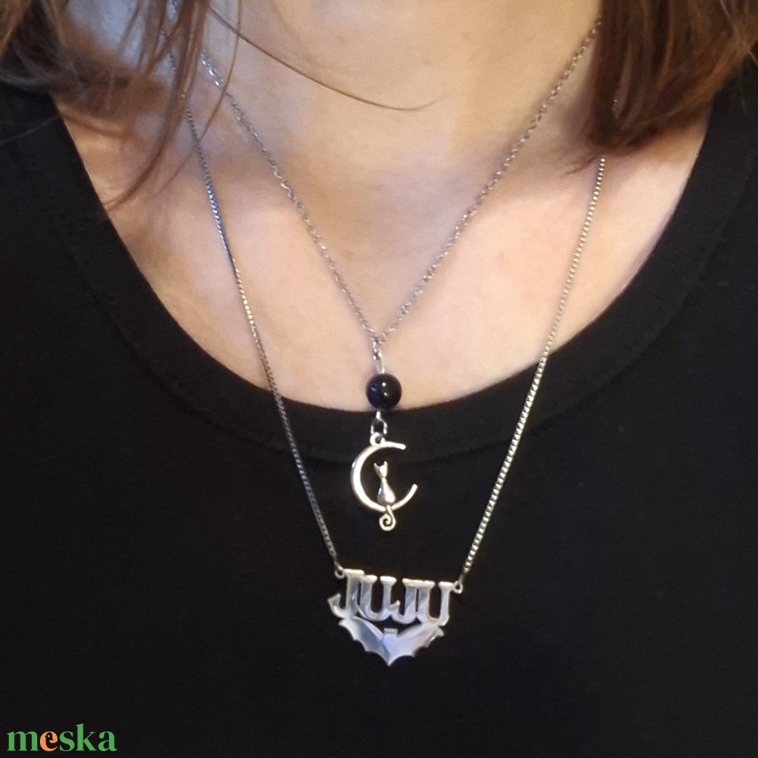 Macska a Holdon kék homokkő ásvány nyaklánc - ékszer - nyaklánc - medálos nyaklánc - Meska.hu