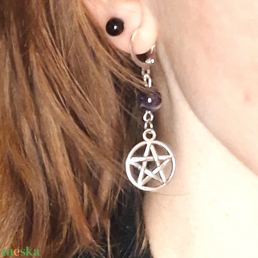Védelmező pentagramma ametiszt fülbevaló - ékszer - fülbevaló - lógós kerek fülbevaló - Meska.hu