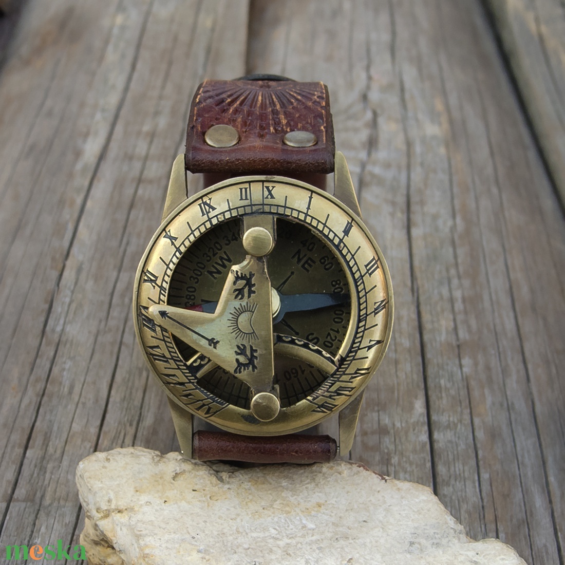 Férfi karóra, Napóra és iránytű karóra, Antik bronz napóra, A természet szerelmeseinek! -  - Meska.hu