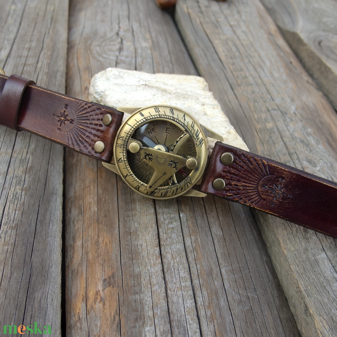 Férfi karóra, Napóra és iránytű karóra, Antik bronz napóra, A természet szerelmeseinek! -  - Meska.hu