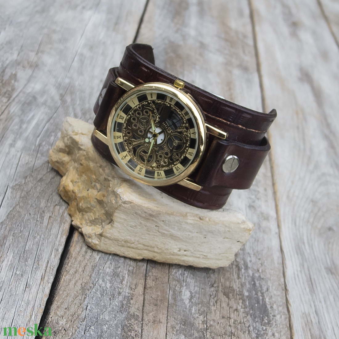 Férfi kézműves karóra, Skeleton férfi karóra, Steampunk karóra arany színű óralappal - ékszer - karóra és ékszeróra - karóra - Meska.hu