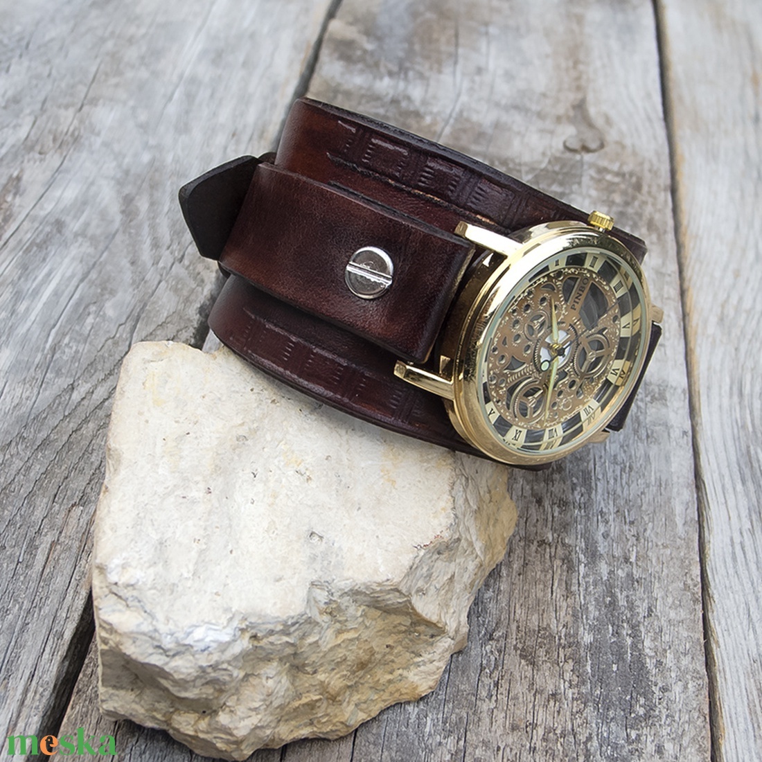 Férfi kézműves karóra, Skeleton férfi karóra, Steampunk karóra arany színű óralappal - ékszer - karóra és ékszeróra - karóra - Meska.hu