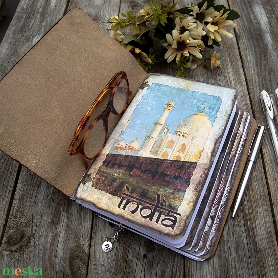 Bőr utazási napló,  Indiai Jegyzetfüzet, Notebook, Emlékkönyv, Vázlatkönyv, Újratölthető - otthon & életmód - papír, írószer - jegyzetfüzet & napló - Meska.hu