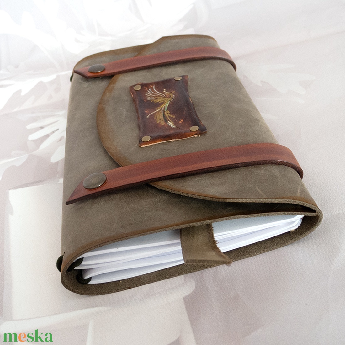 Főnix madaras olasz nyitható khaki színű nubuk bőr napló, Újratölthető nyitható-zárható notebook - otthon & életmód - papír, írószer - jegyzetfüzet & napló - Meska.hu