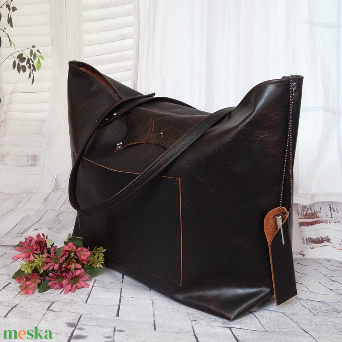 Nagy méretű sötétbarna olasz bivalybőr táska tolltartóval - táska & tok - kézitáska & válltáska - nagy pakolós táska - Meska.hu