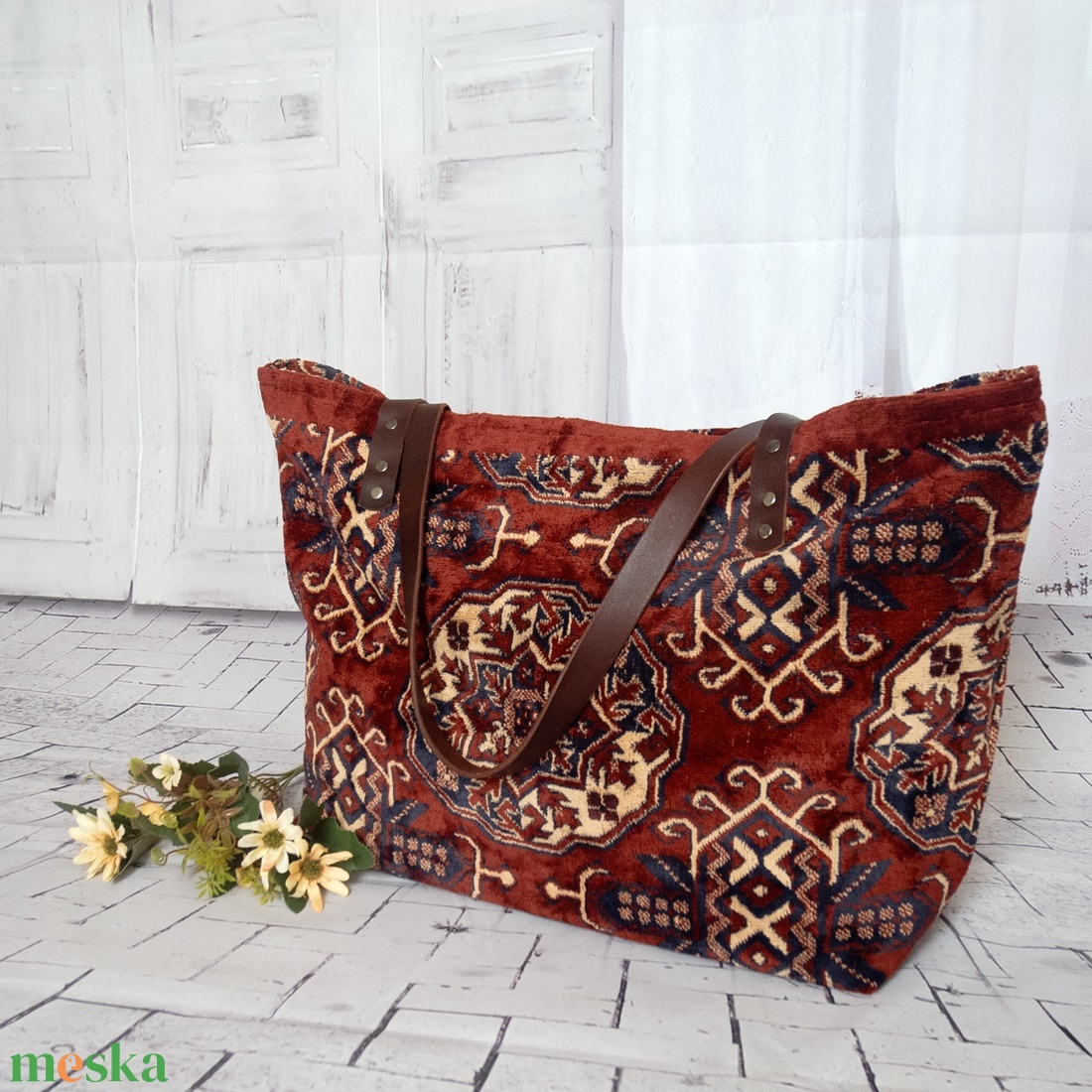 Nagy méretű szőnyeg válltáska,  Selymesen puha és tágas leéta mintás táska - táska & tok - kézitáska & válltáska - nagy pakolós táska - Meska.hu