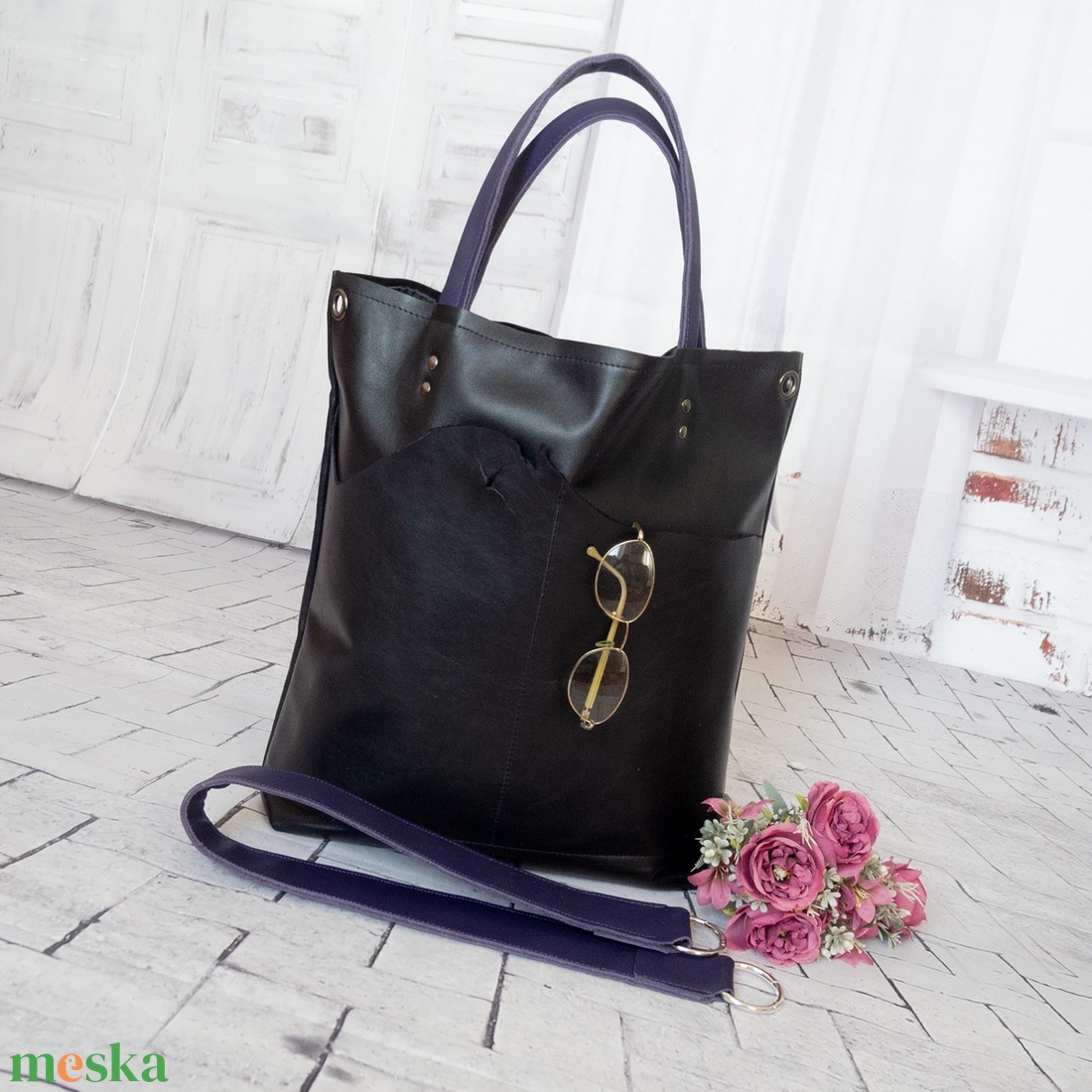 Fekete puha valódi bőr táska - táska & tok - kézitáska & válltáska - nagy pakolós táska - Meska.hu