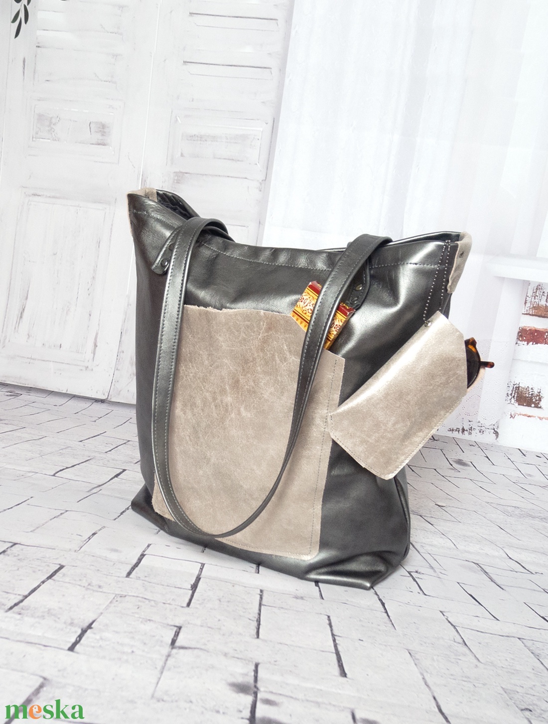 Antracit színű Olasz bőr táska szemüvegtokkal és tolltartóval - táska & tok - kézitáska & válltáska - nagy pakolós táska - Meska.hu