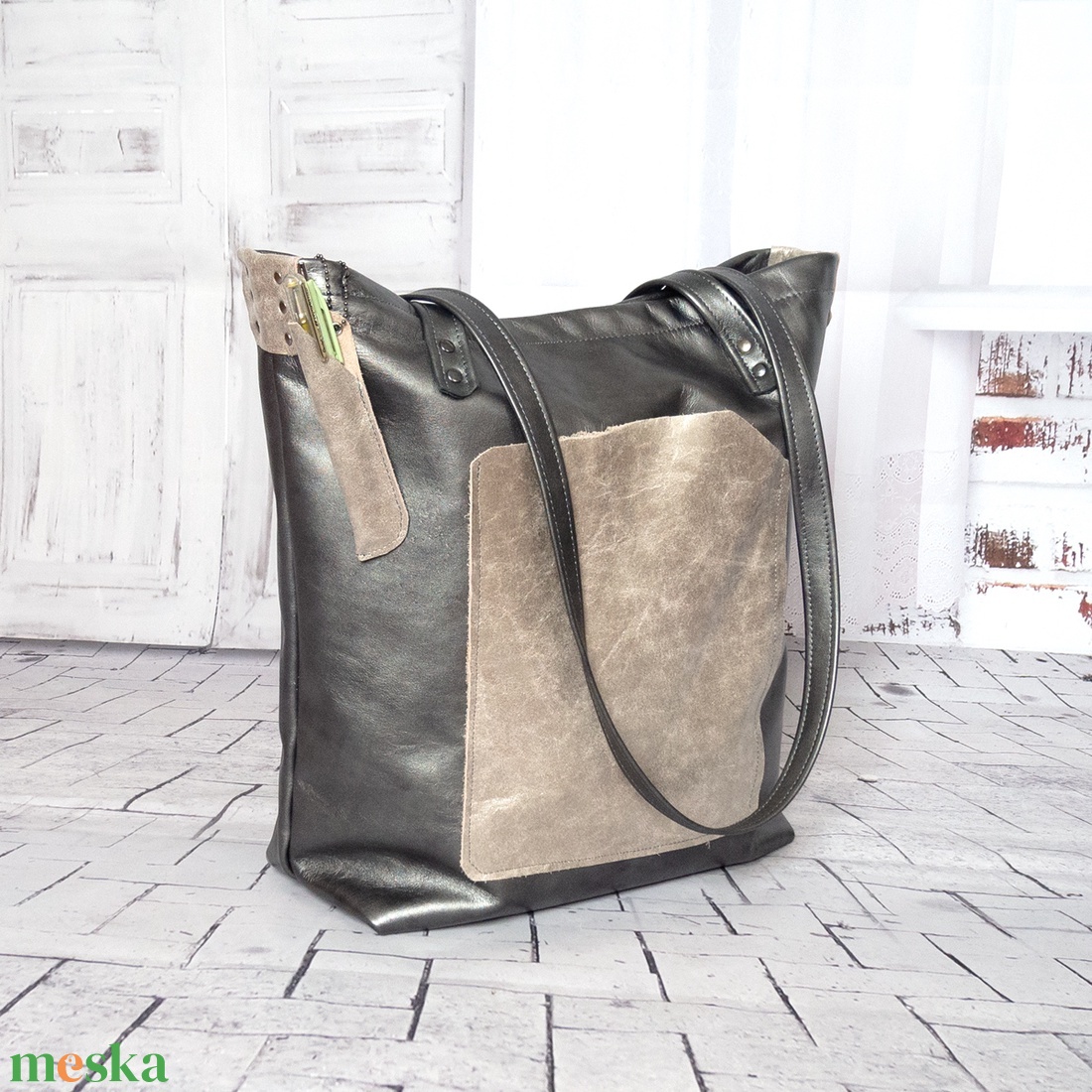 Antracit színű Olasz bőr táska szemüvegtokkal és tolltartóval - táska & tok - kézitáska & válltáska - nagy pakolós táska - Meska.hu