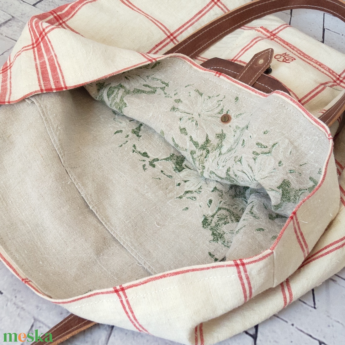 Bohém kockás válltáska valódi bőr részletekkel, Kézzel készített shopper táska vintage stílusban - táska & tok - kézitáska & válltáska - nagy pakolós táska - Meska.hu