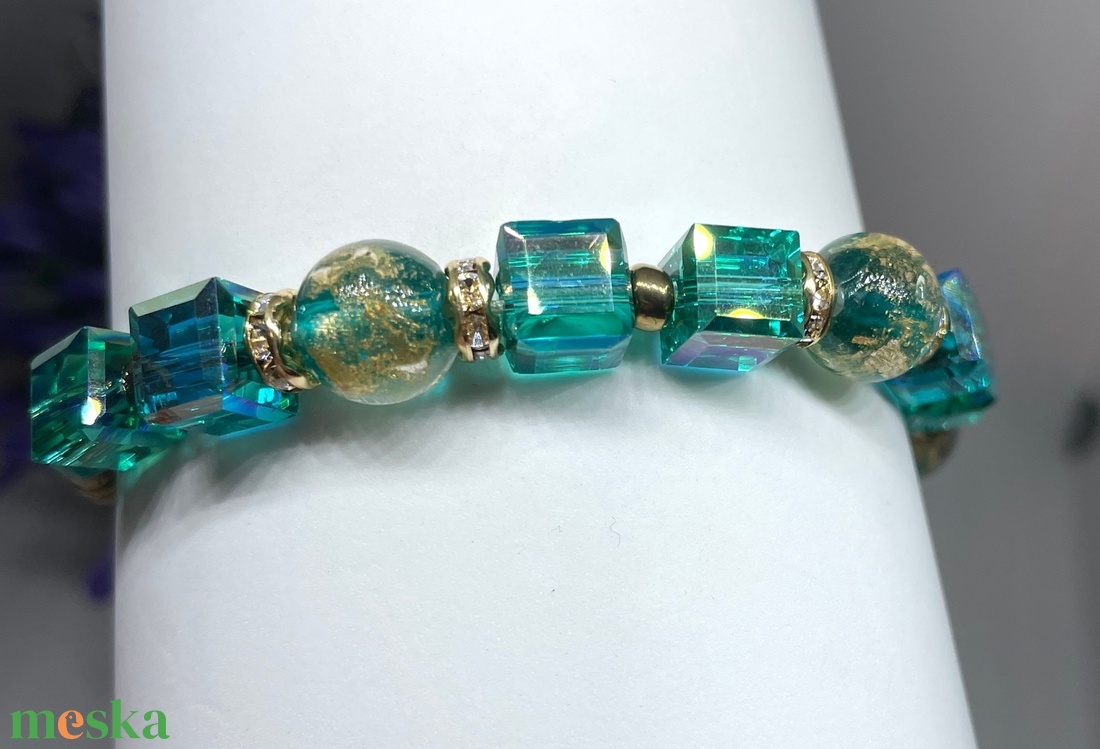 Teal and Gold Harmony - Üveggyöngy karkötő - ékszer - karkötő - gyöngyös karkötő - Meska.hu