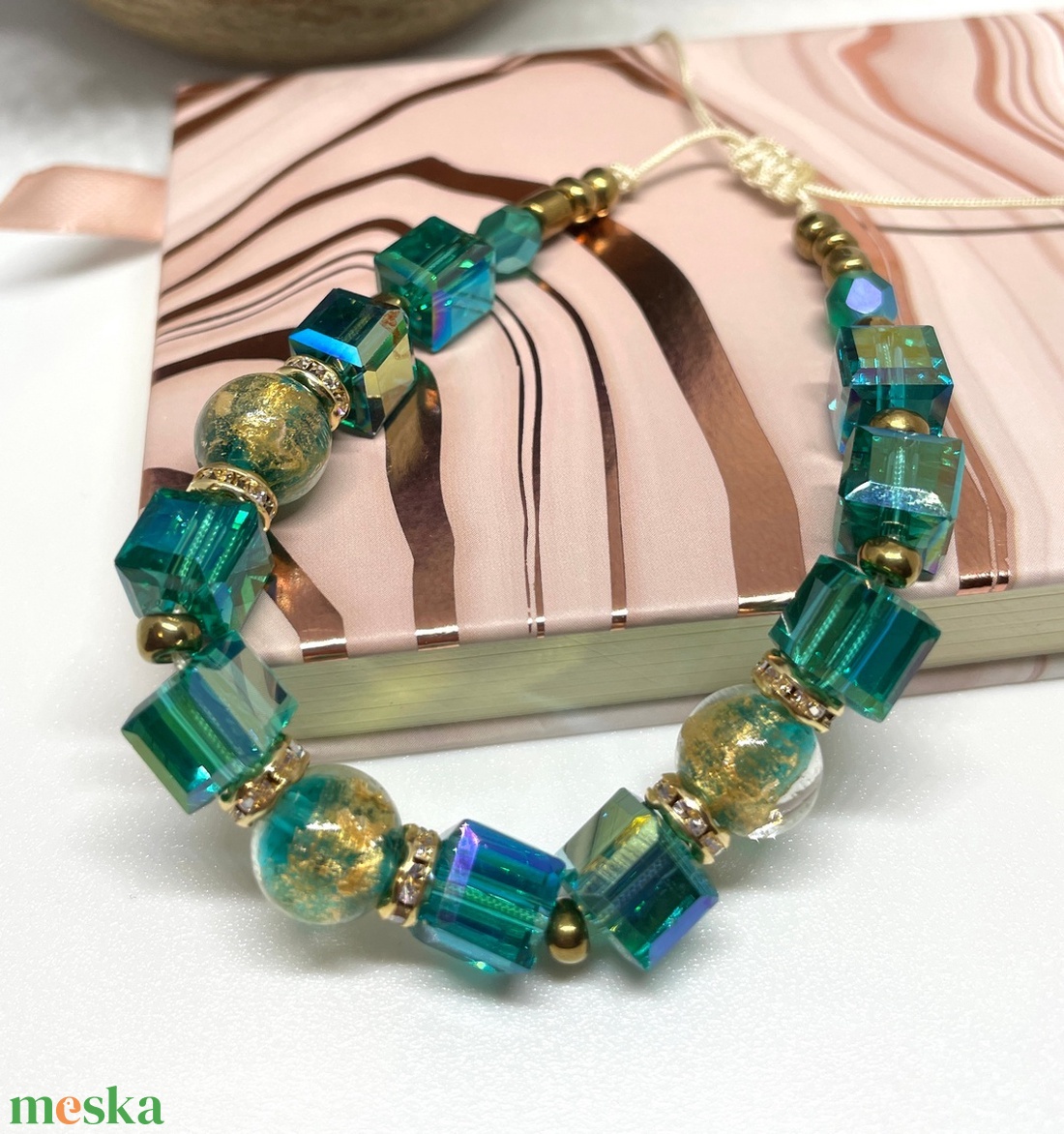 Teal and Gold Harmony - Üveggyöngy karkötő - ékszer - karkötő - gyöngyös karkötő - Meska.hu