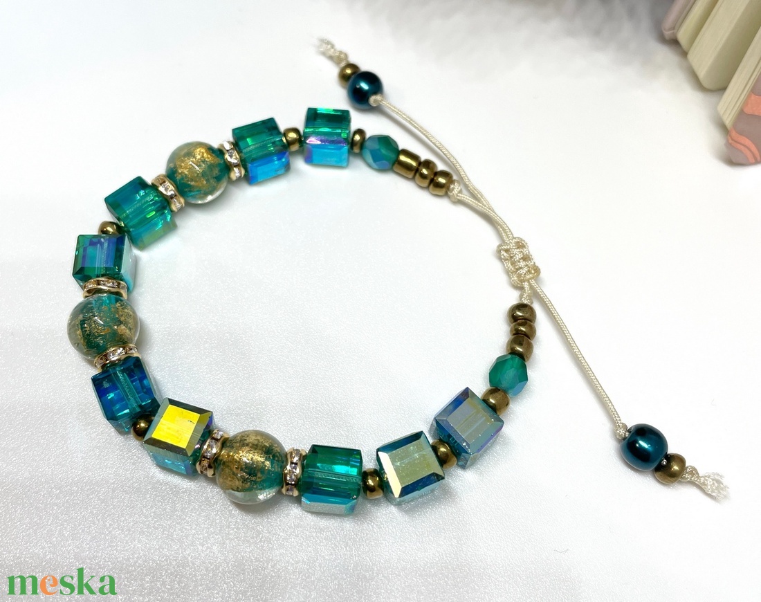 Teal and Gold Harmony - Üveggyöngy karkötő - ékszer - karkötő - gyöngyös karkötő - Meska.hu