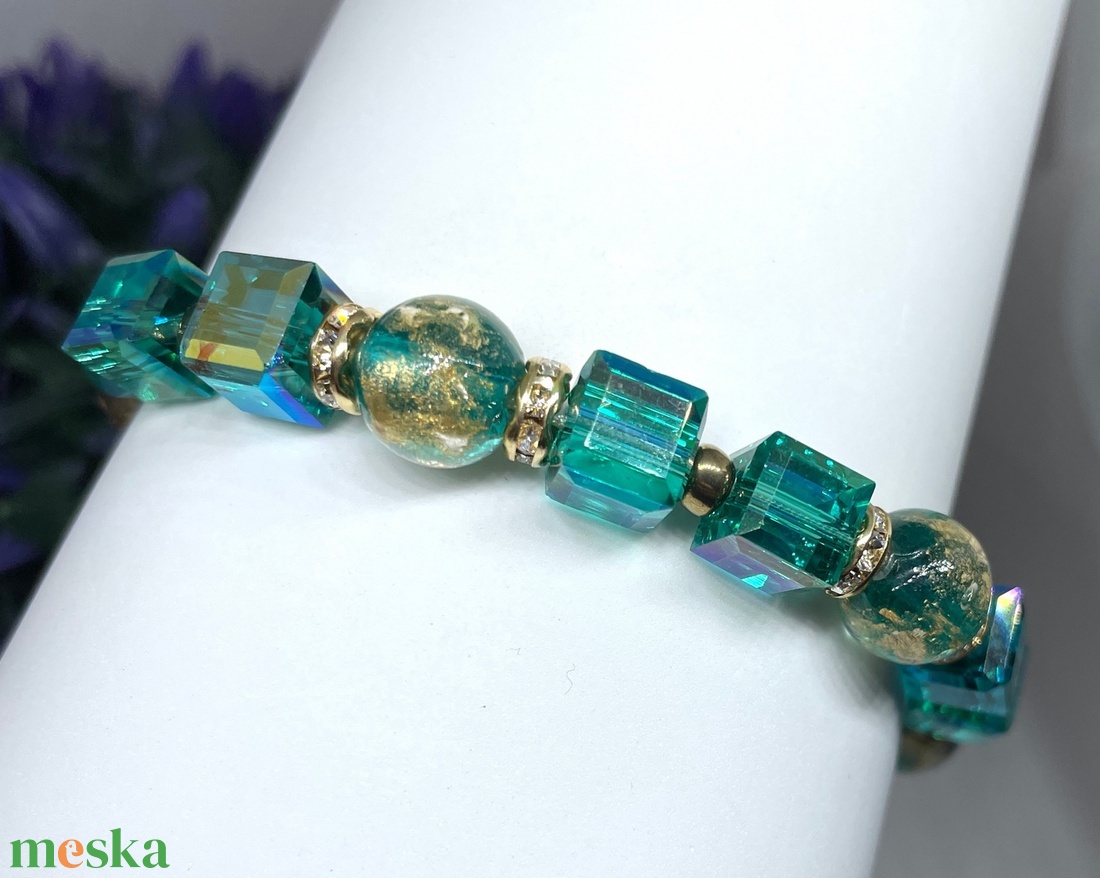 Teal and Gold Harmony - Üveggyöngy karkötő - ékszer - karkötő - gyöngyös karkötő - Meska.hu