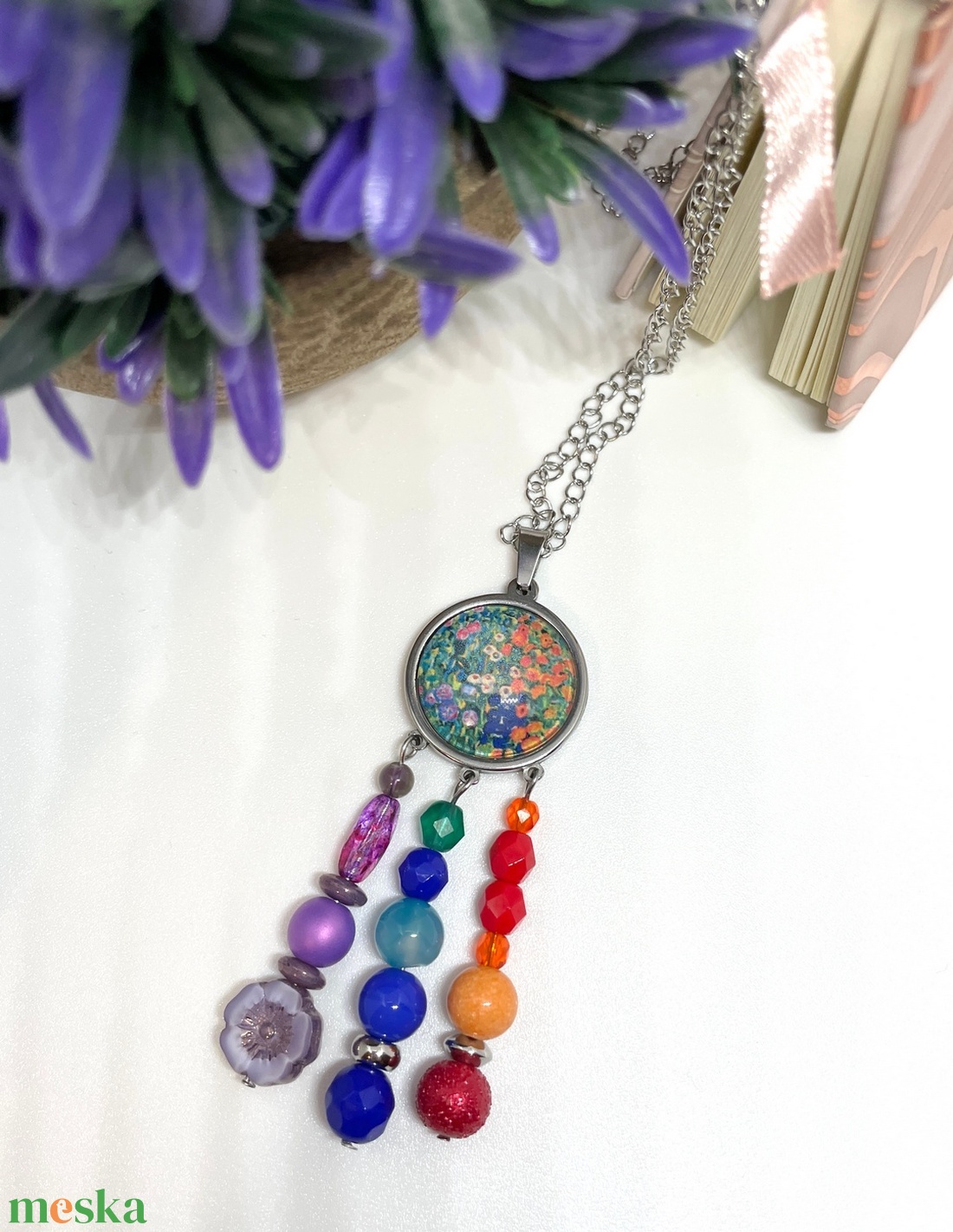 Klimt's flowers - Gyöngyökkel díszített üveglencsés nyaklánc - ékszer - nyaklánc - hosszú nyaklánc - Meska.hu