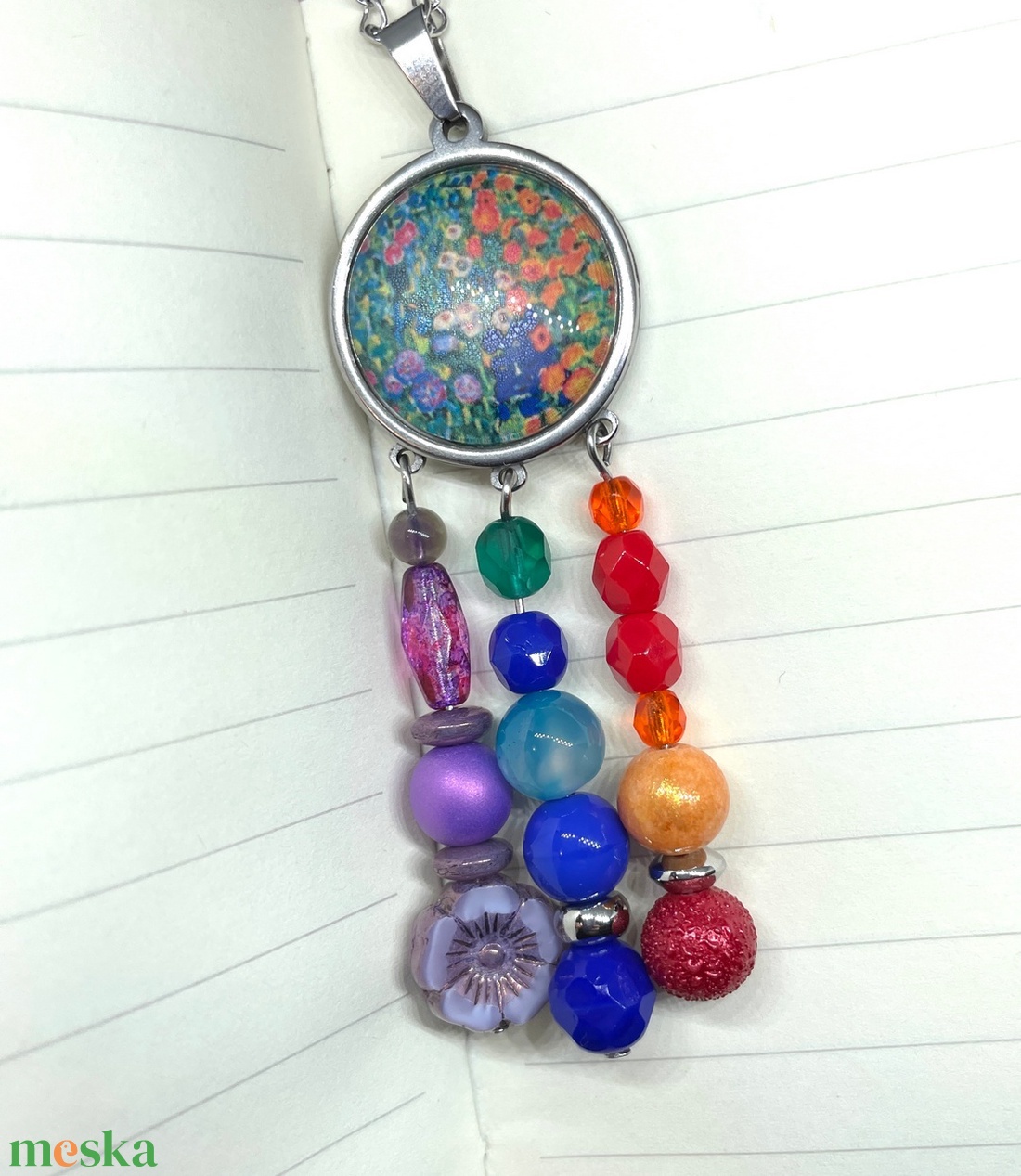 Klimt's flowers - Gyöngyökkel díszített üveglencsés nyaklánc - ékszer - nyaklánc - hosszú nyaklánc - Meska.hu