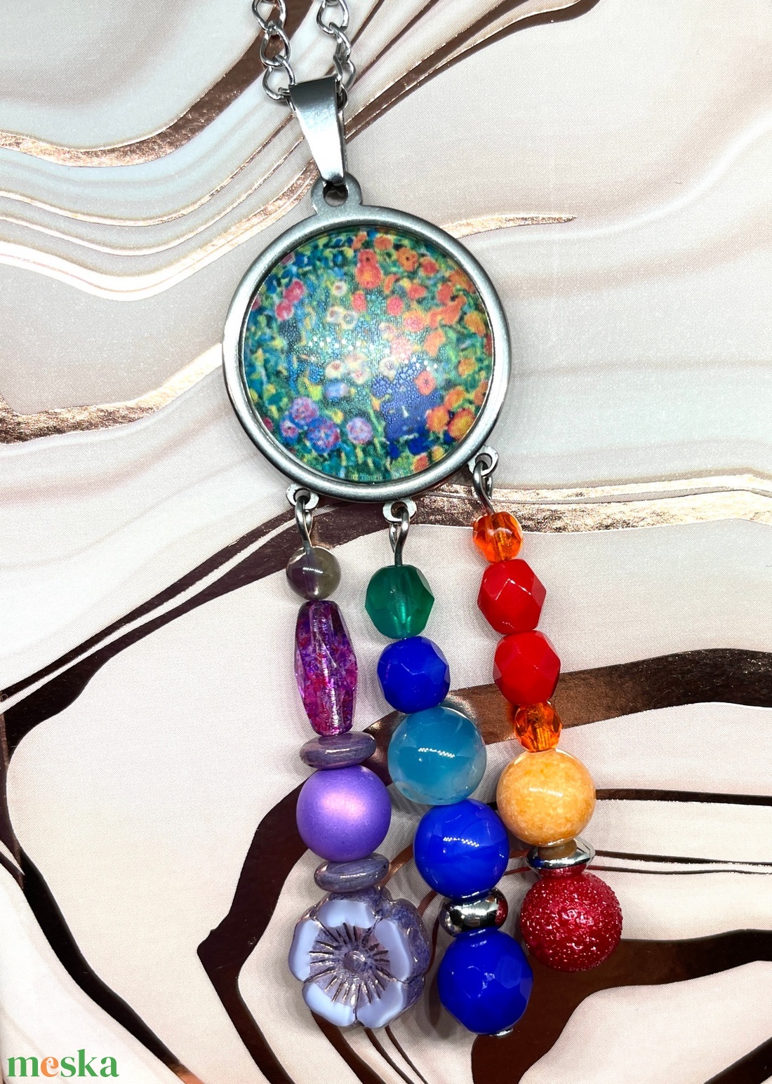 Klimt's flowers - Gyöngyökkel díszített üveglencsés nyaklánc - ékszer - nyaklánc - hosszú nyaklánc - Meska.hu