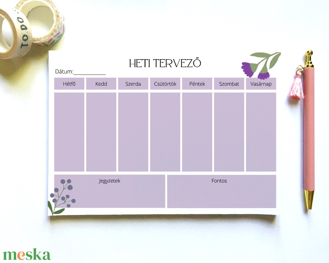Lila virágos heti tervező jegyzettömb - otthon & életmód - papír, írószer - naptár & tervező - Meska.hu